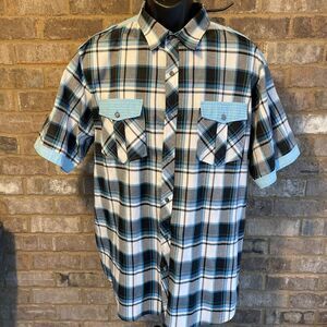 Red Ape Short Sleeve Men's Shirt Plaid Blue Gray‎ White Epaulette Shoulder